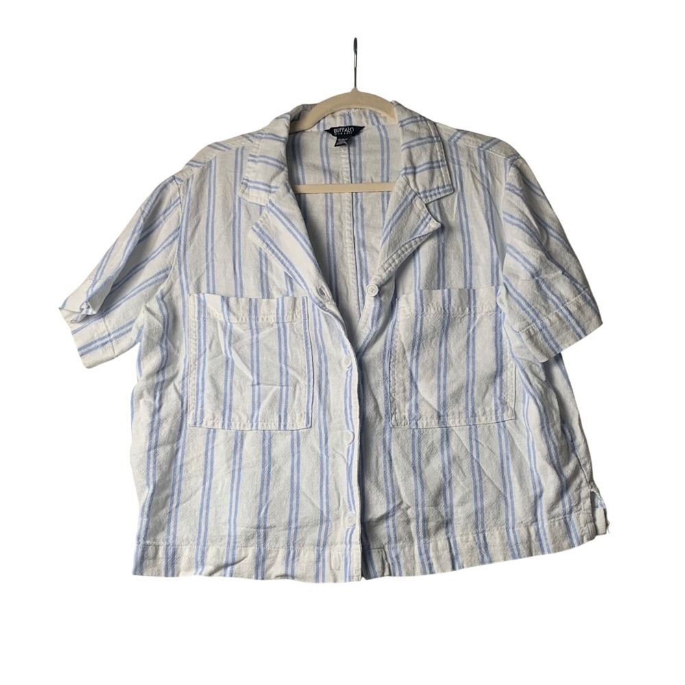 Buffalo David Bitton Womens Blue White Striped Linen Blend Button Down‎ Shirt M